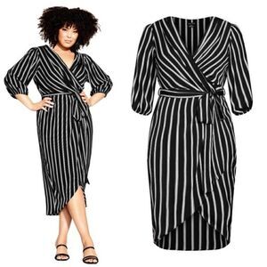 New! City Chic Catalina Faux Wrap Slimming Horizontal Stripes Party Midi Dress